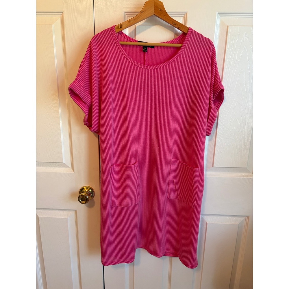 Lexington Avenue NYC Hot Pink Ribbed Knit Pocket Shift Dress XL DS6121M